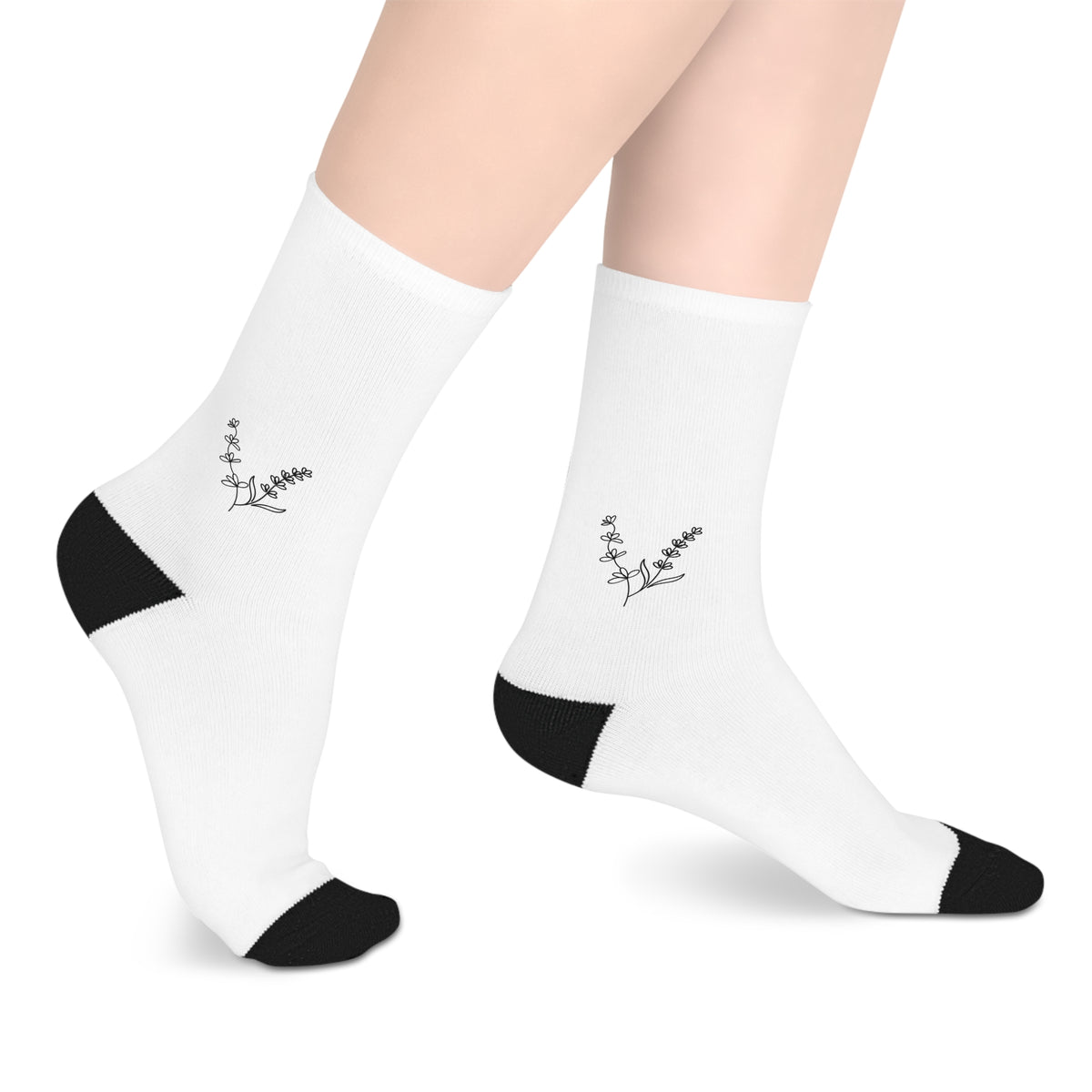 White Mid-Length Socks with Lilacs and Lavender Design