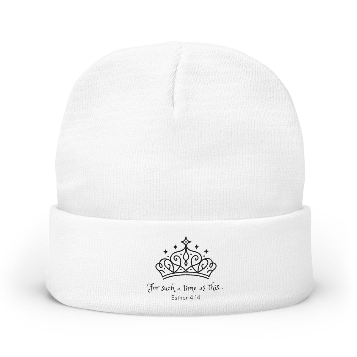Embroidered Crown Knit Beanie — 'For such a time as this' Cozy Winter Hat