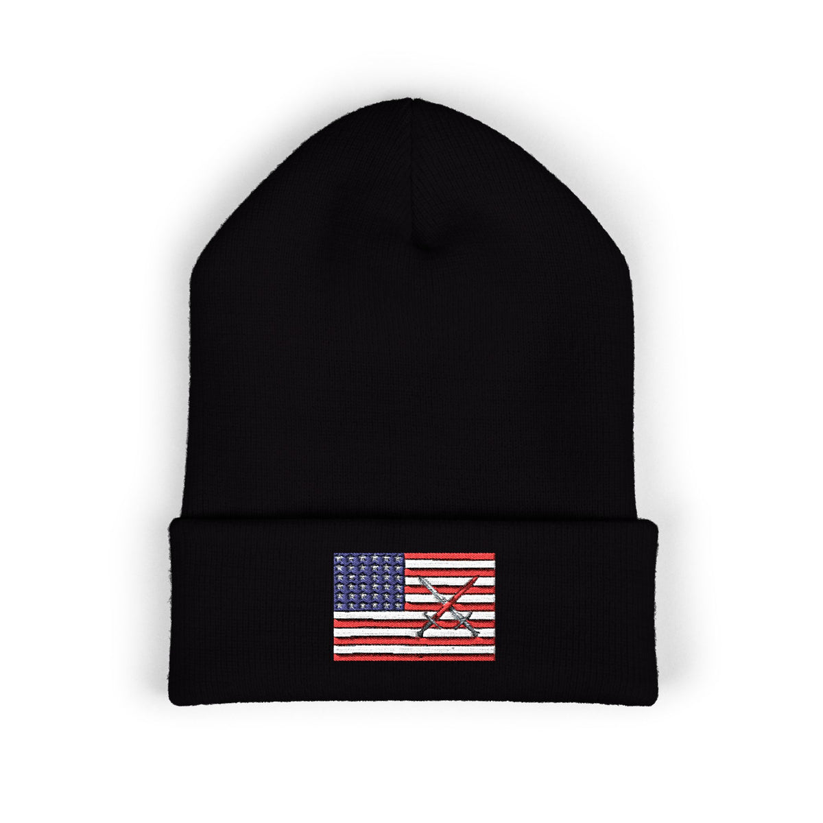 Embroidered American Flag Cuffed Beanie  with Crusader Swords Crossed — USA Patriotic Knit Hat