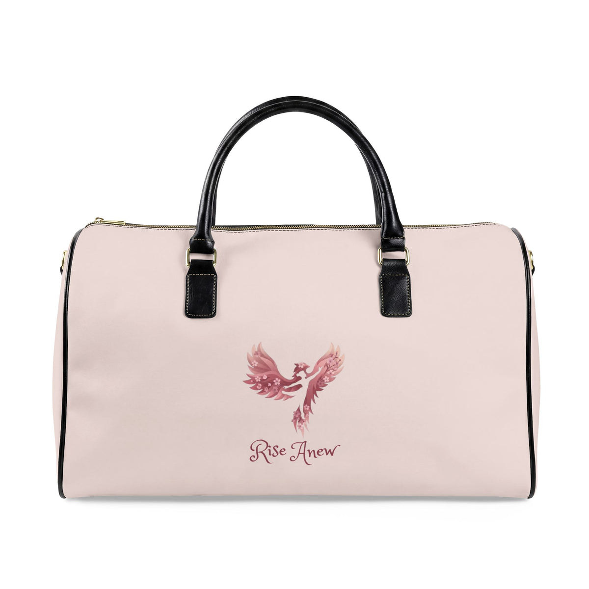 Rise Anew Phoenix Firebird Travel Bag — Pink Faux Leather Duffle with "Rise Anew" Inspirational Design