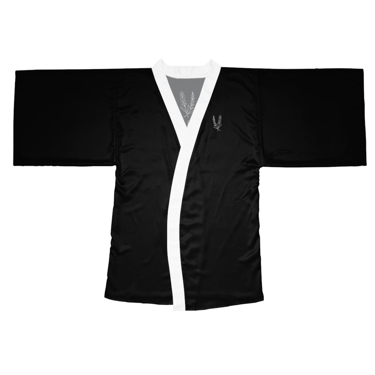 Black Kimono Robe — Lilacs and Lavender Embroidered Long Sleeve