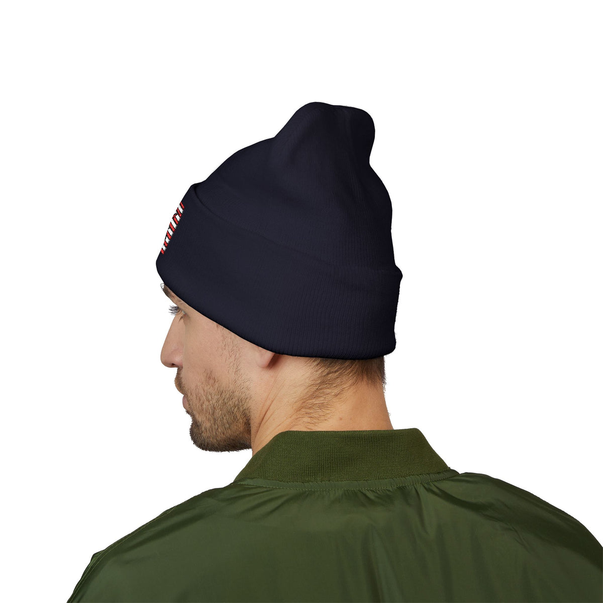 Embroidered American Flag Cuffed Beanie  with Crusader Swords Crossed — USA Patriotic Knit Hat