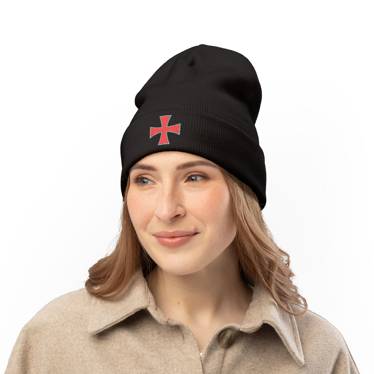 Embroidered Red Crusader Cross Knit Beanie - Gothic Streetwear Winter Hat