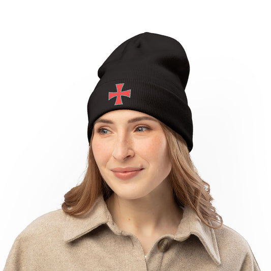 Embroidered Red Crusader Cross Knit Beanie - Gothic Streetwear Winter Hat
