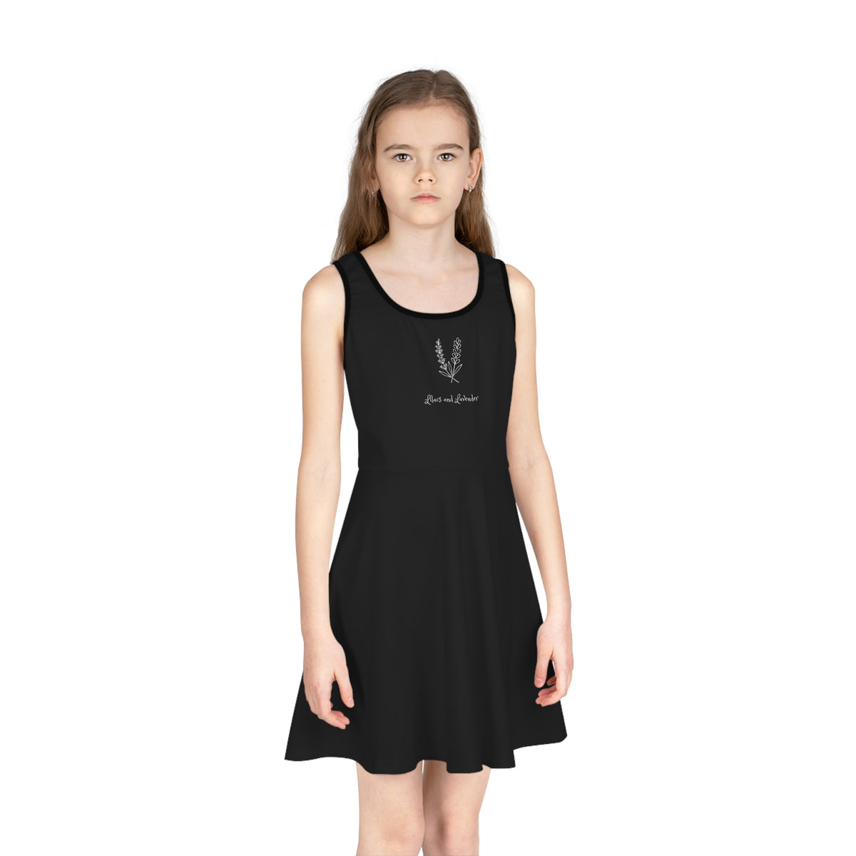 Girls' Black Sundress with Lilacs and Lavender Illustration — Sleeveless Twirl Dress