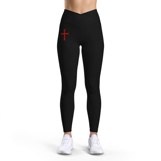 Women’s Black Leggings with Red Crusader Cross Accent — Luxe High-Waist Activewear