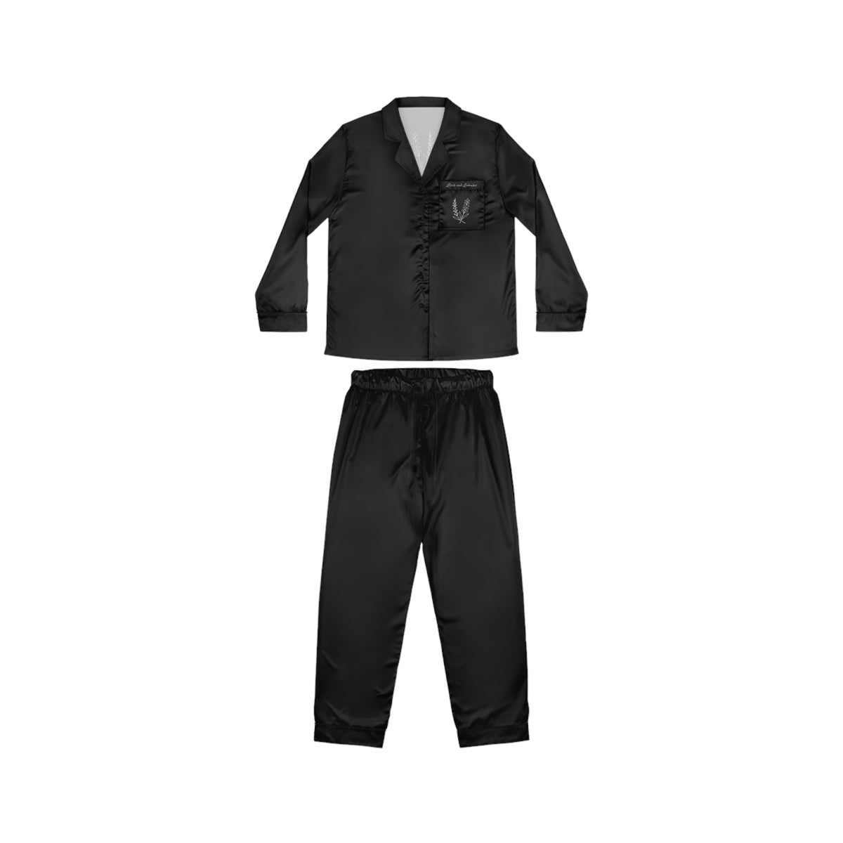 Black Satin Pajama Set — Women's Luxury Sleepwear with 'Lilacs and Lavender' Back Script