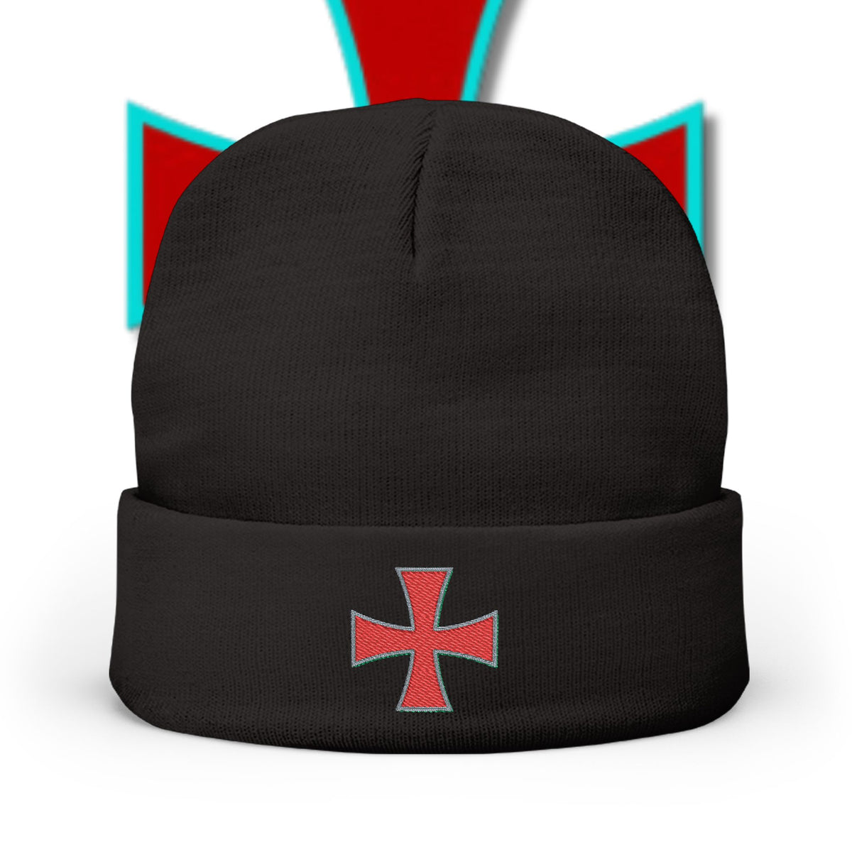 Embroidered Red Crusader Cross Knit Beanie - Gothic Streetwear Winter Hat