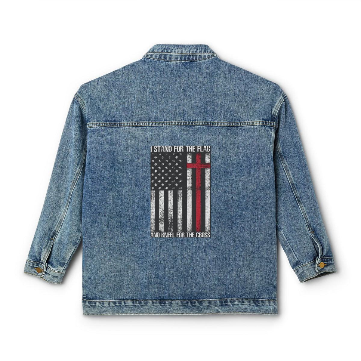 Women's Denim Jacket - 'I Stand For The Flag, You Kneel For The Cross' Patriotic Christian Back Print