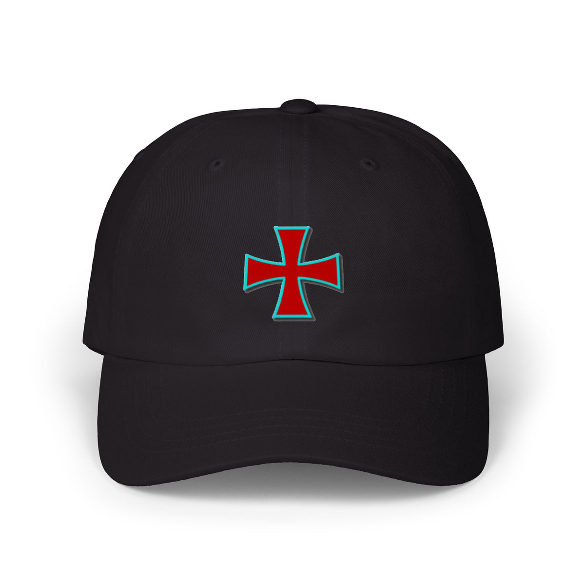 Embroidered Red Crusader Cross Hat with Turquoise Outline