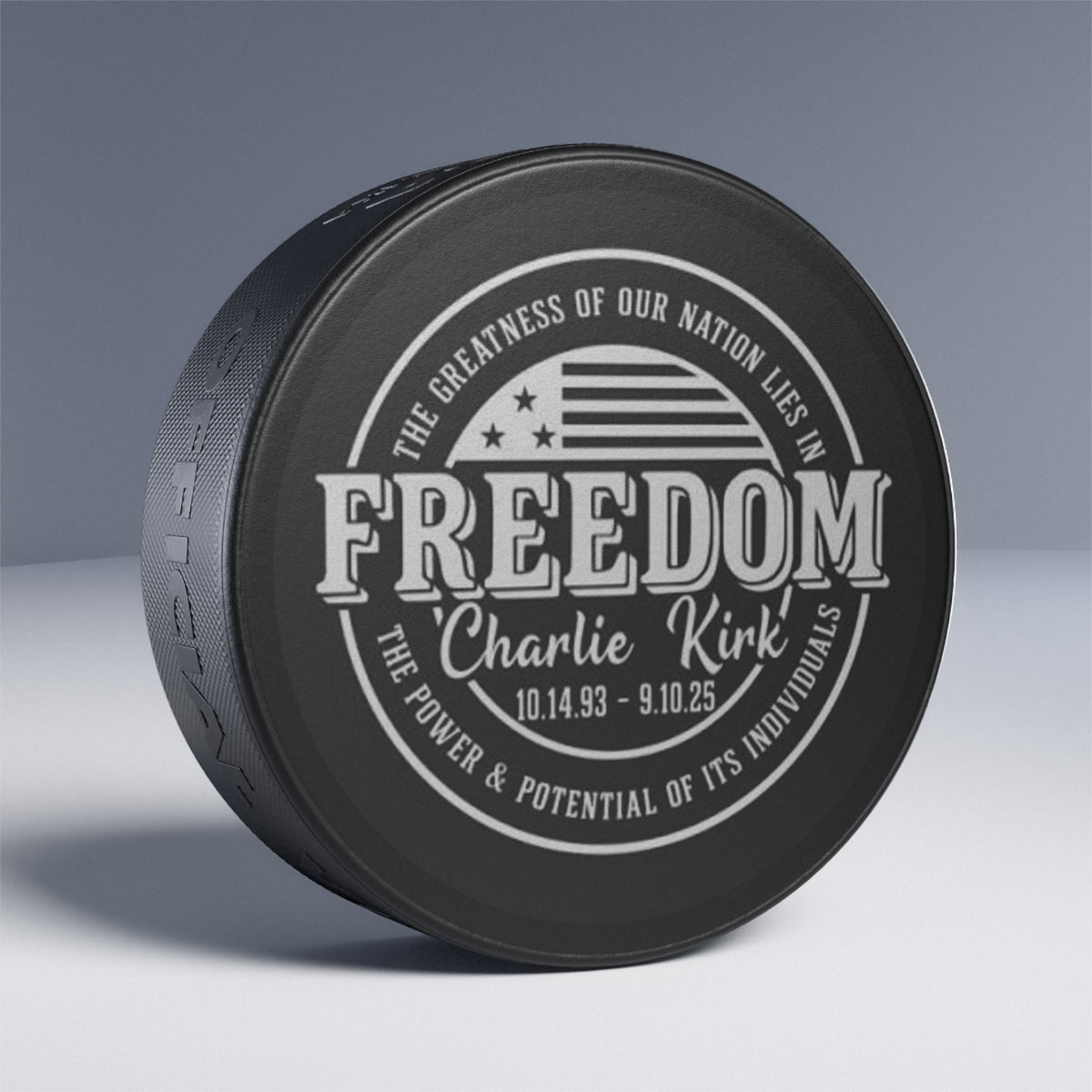 Memorial Hockey Puck – "Freedom" Tribute with Name & Dates (Charlie Kirk)