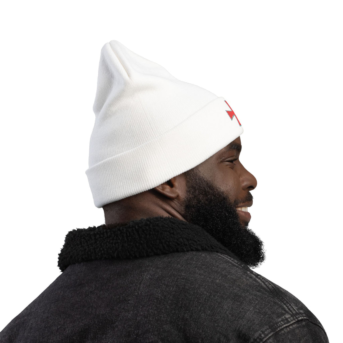 Embroidered Red Crusader Cross Knit Beanie - Gothic Streetwear Winter Hat