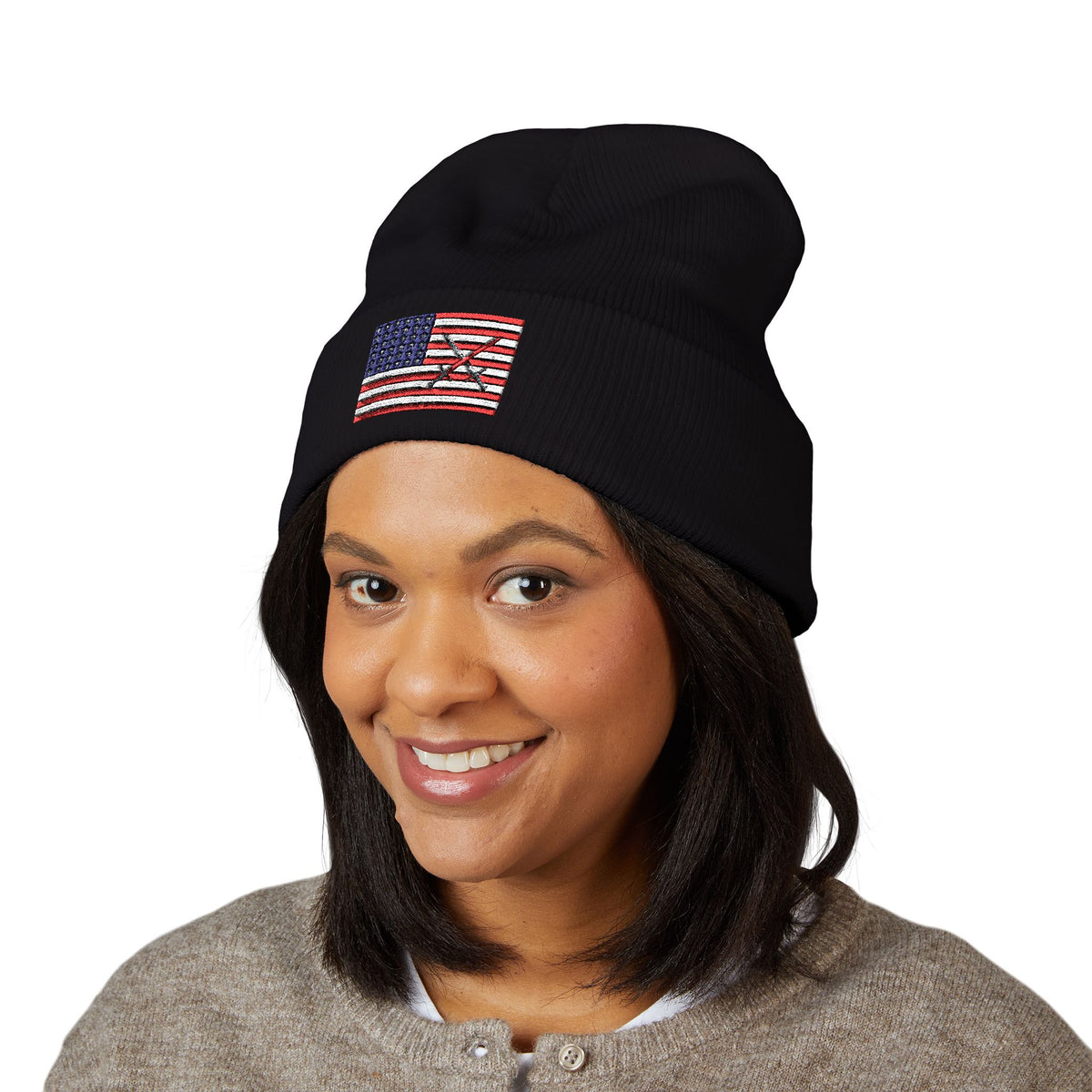 Embroidered American Flag Cuffed Beanie  with Crusader Swords Crossed — USA Patriotic Knit Hat