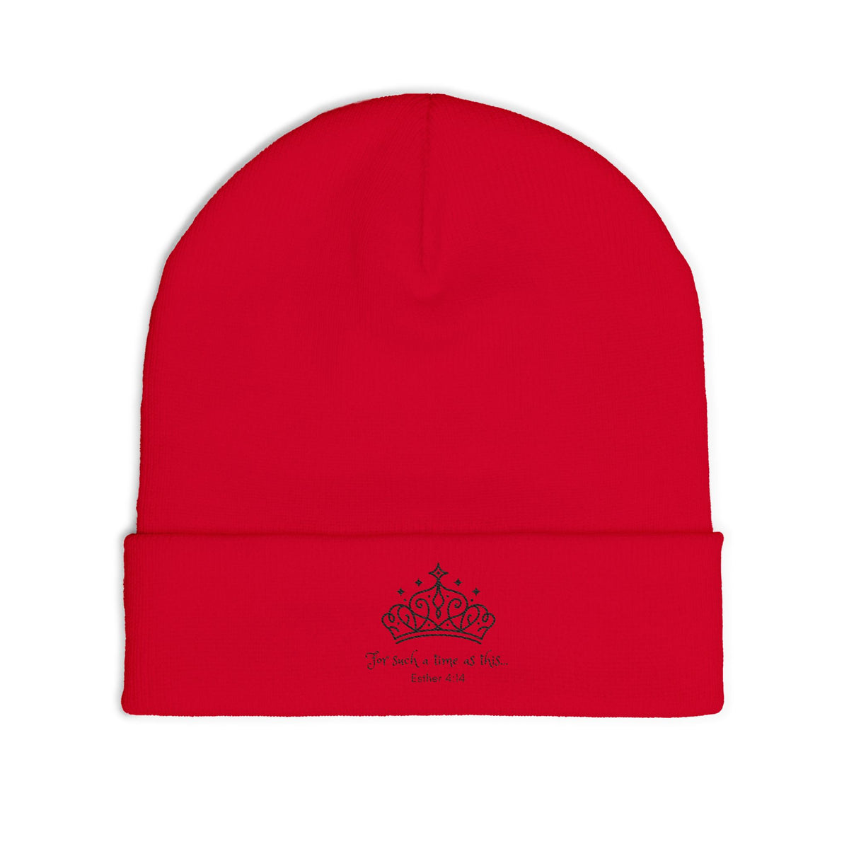 Embroidered Crown Knit Beanie — 'For such a time as this' Cozy Winter Hat