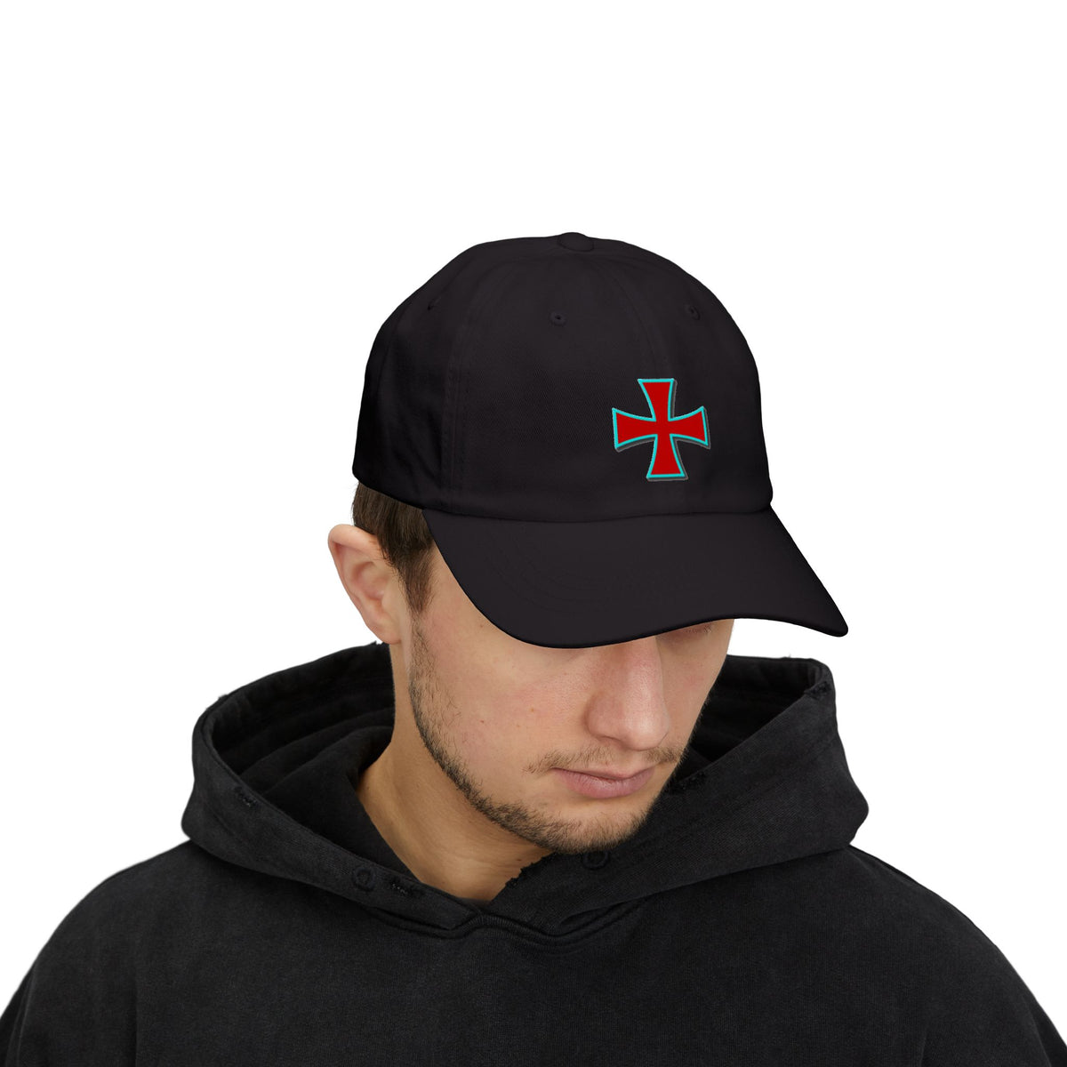 Embroidered Red Crusader Cross Hat with Turquoise Outline