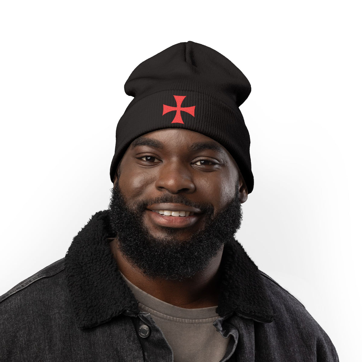 Embroidered Crusader Cross Knit Beanie — Red Cross Winter Hat