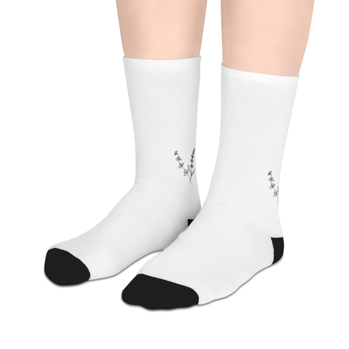 White Mid-Length Socks with Lilacs and Lavender Design