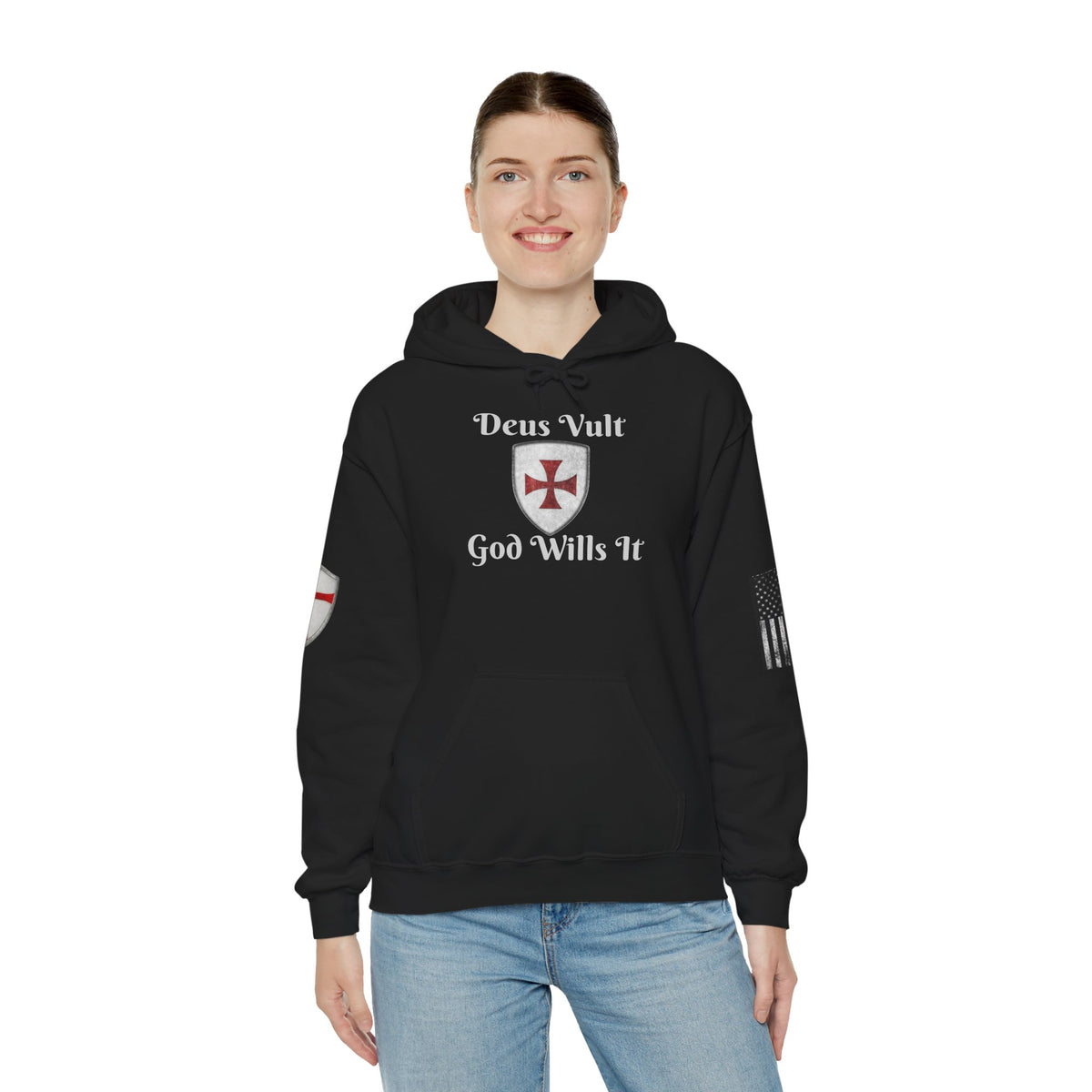 Crusader Cross Hoodie — "Deus Vult / God Wills It" Patriotic Flag Graphic