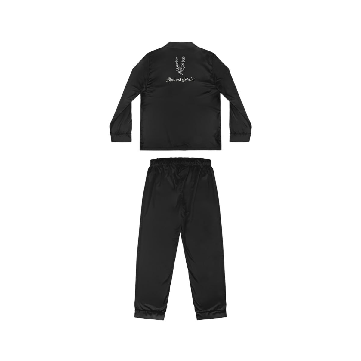 Black Satin Pajama Set — Women's Luxury Sleepwear with 'Lilacs and Lavender' Back Script