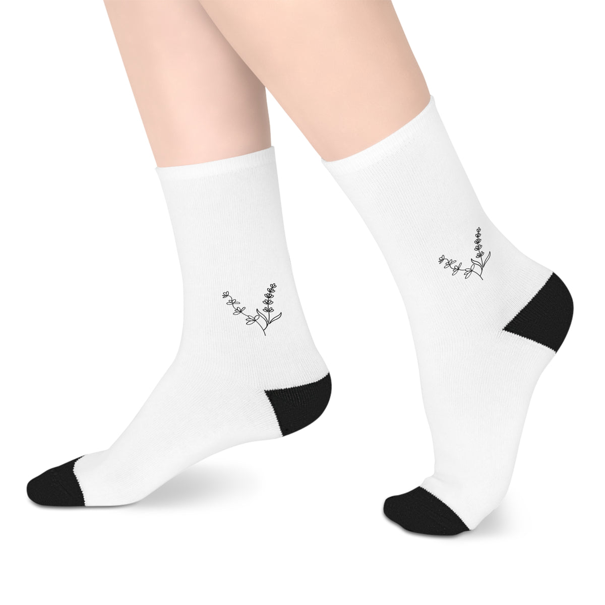 White Mid-Length Socks with Lilacs and Lavender Design