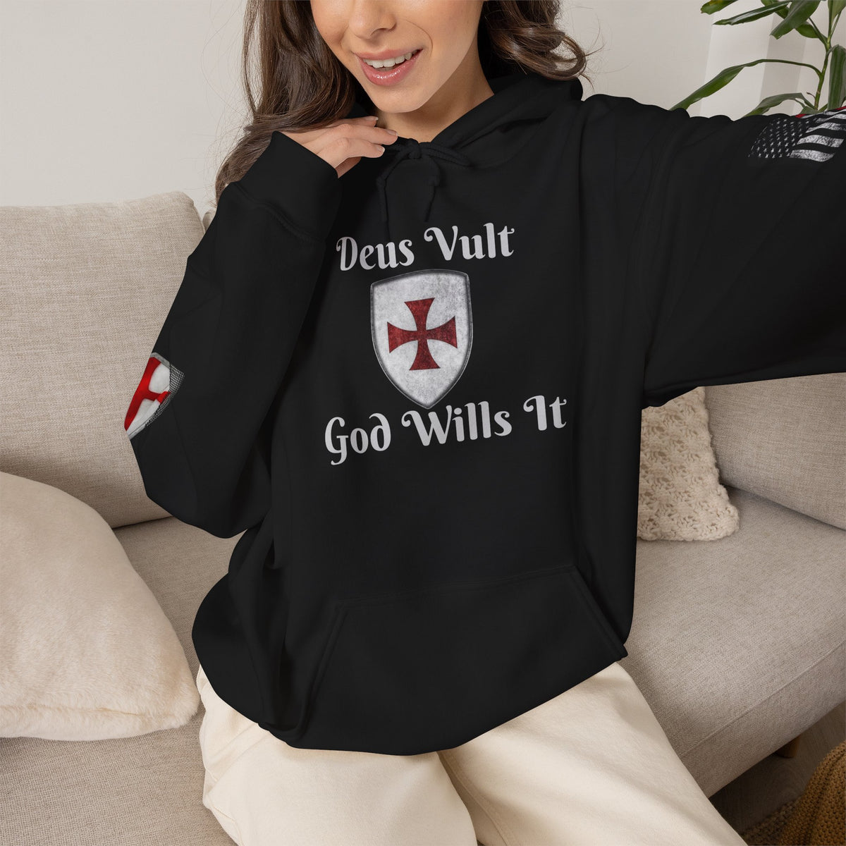 Crusader Cross Hoodie — "Deus Vult / God Wills It" Patriotic Flag Graphic