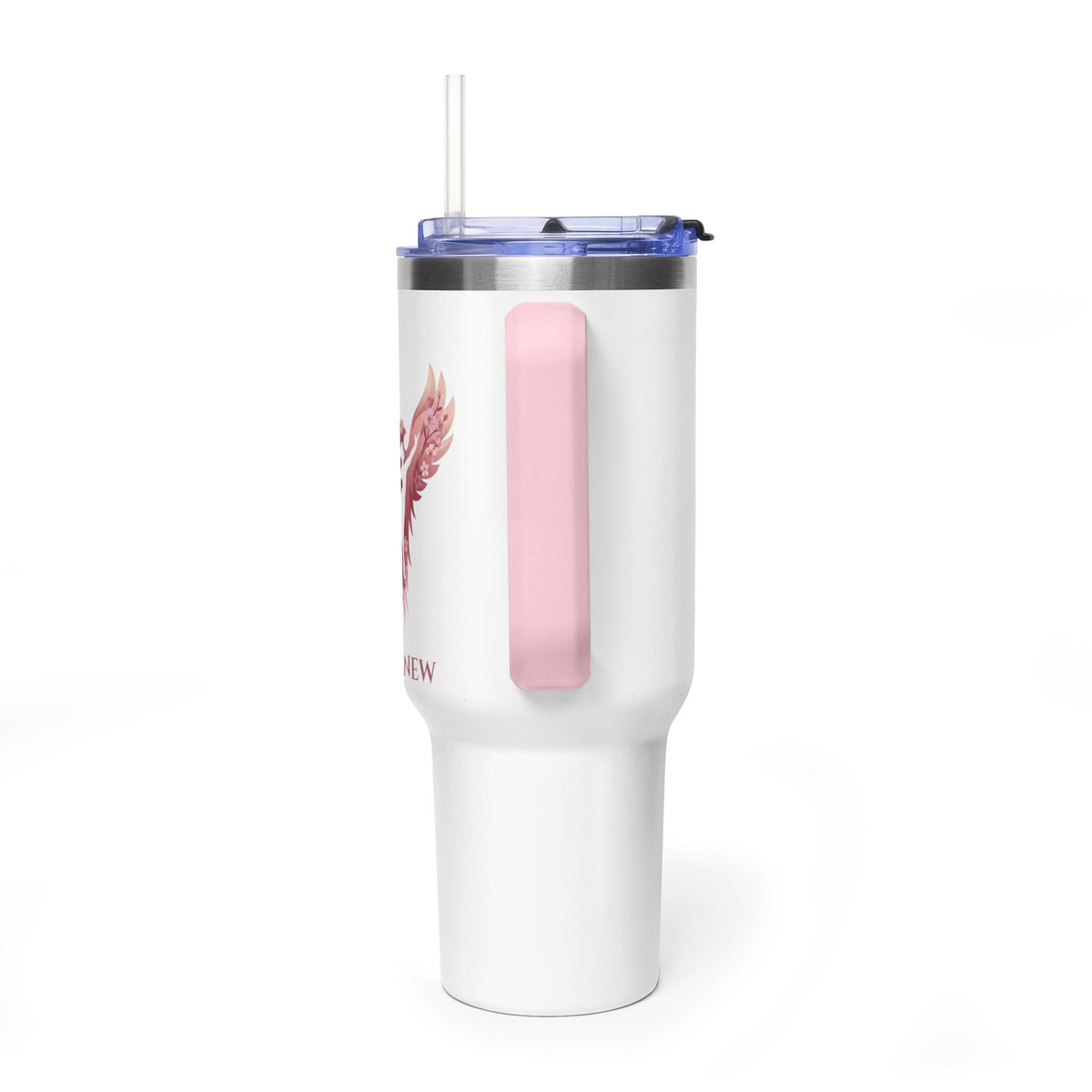 40oz Vacuum Tumbler with Straw – Elegant Pink Feather Design