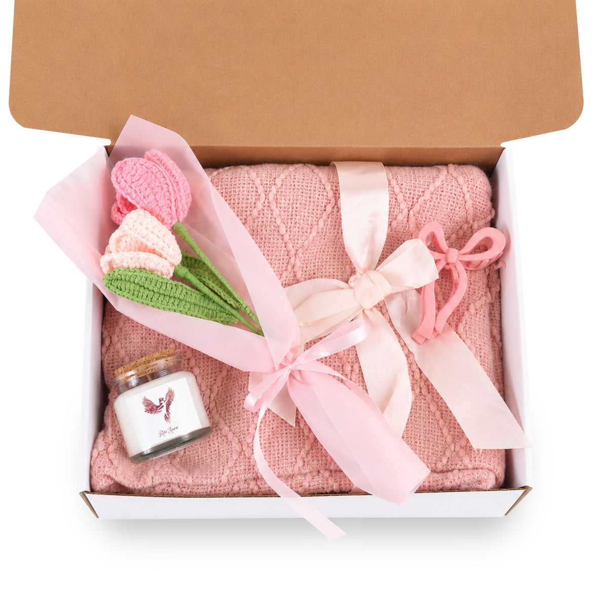Blush & Bloom Gift Set — Rose Candle, Crochet Tulip Bouquet, Pink Knit Throw & Bow Clip