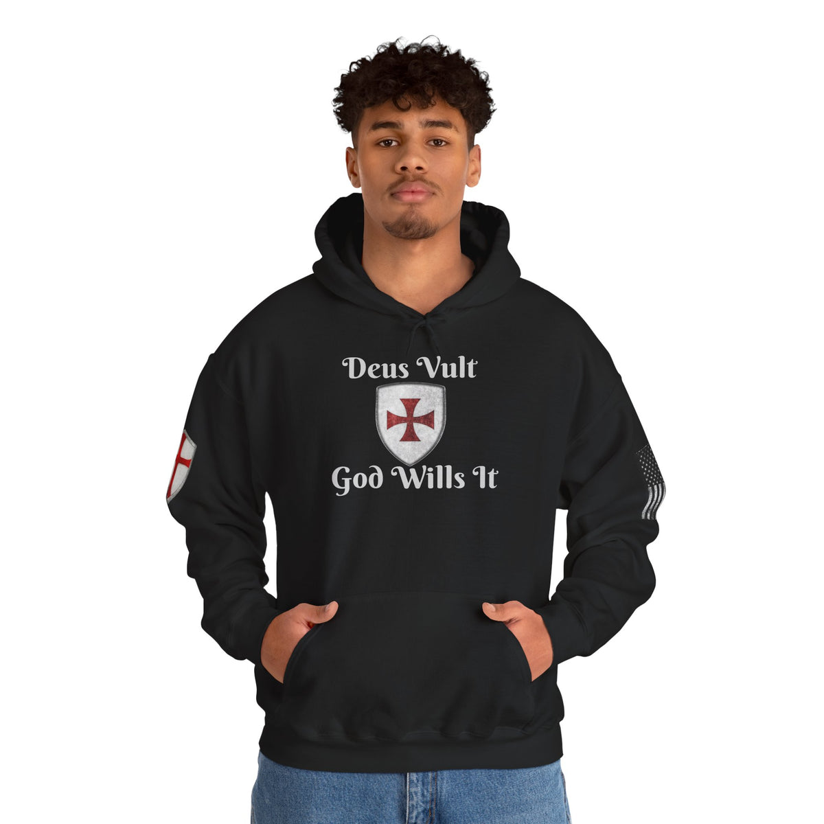 Crusader Cross Hoodie — "Deus Vult / God Wills It" Patriotic Flag Graphic