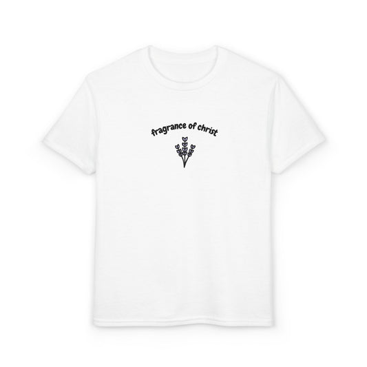 Youth T-Shirt — Fragrance of Christ Minimal Floral Chest Graphic