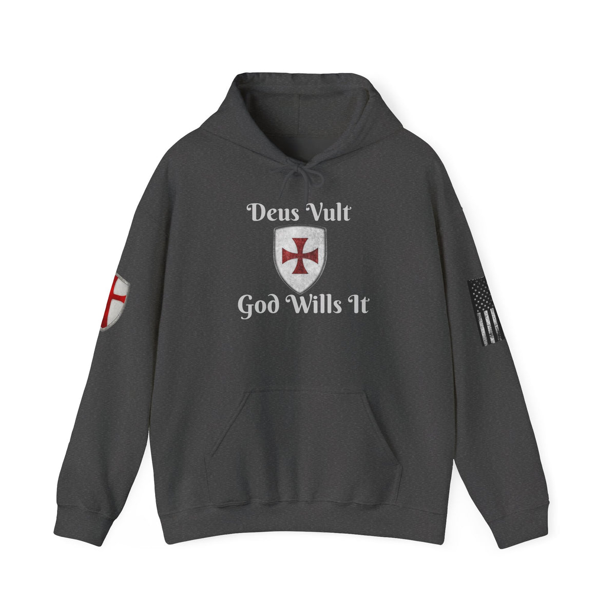 Crusader Cross Hoodie — "Deus Vult / God Wills It" Patriotic Flag Graphic
