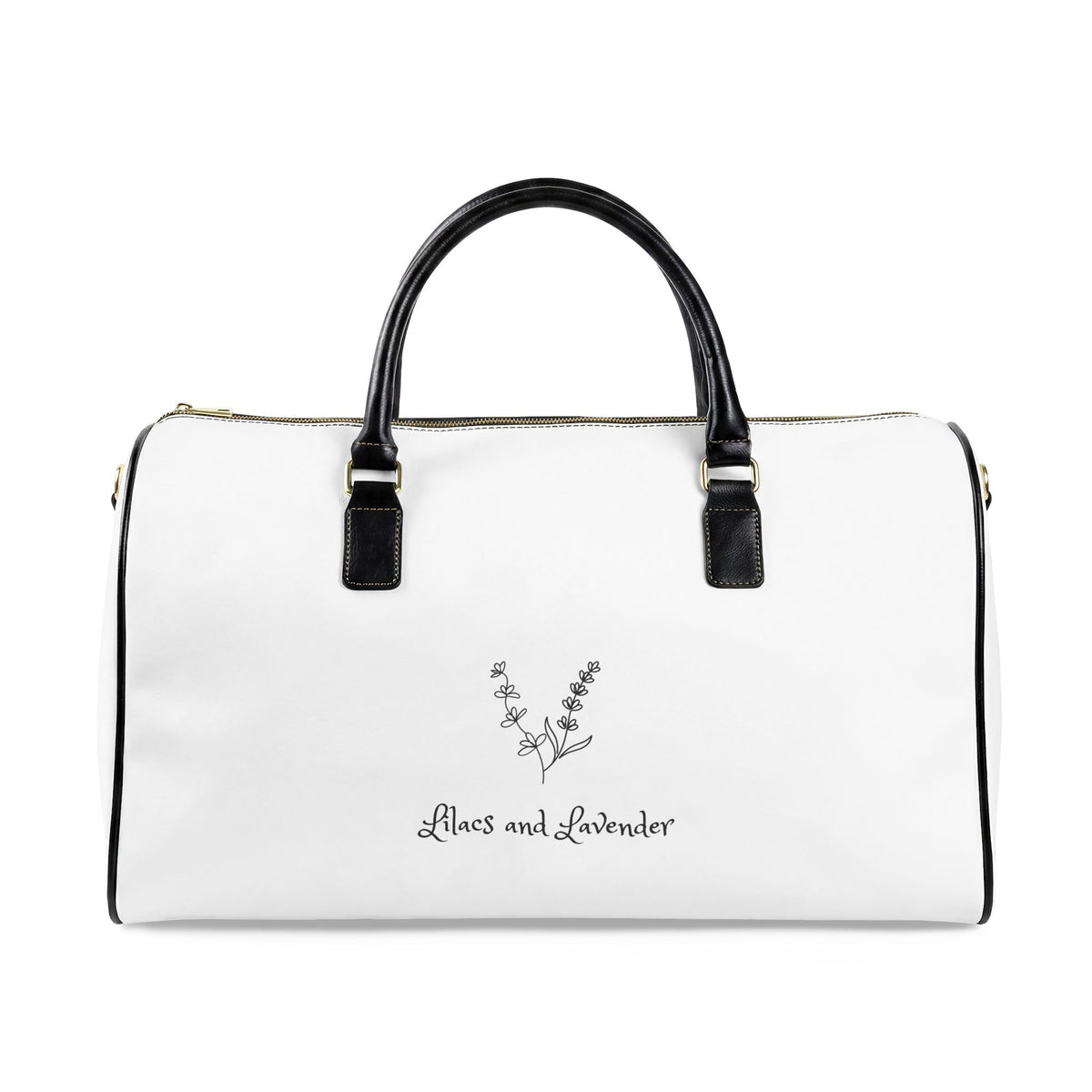 Lilacs and Lavender Faux Leather Travel Bag — White Weekender Duffel