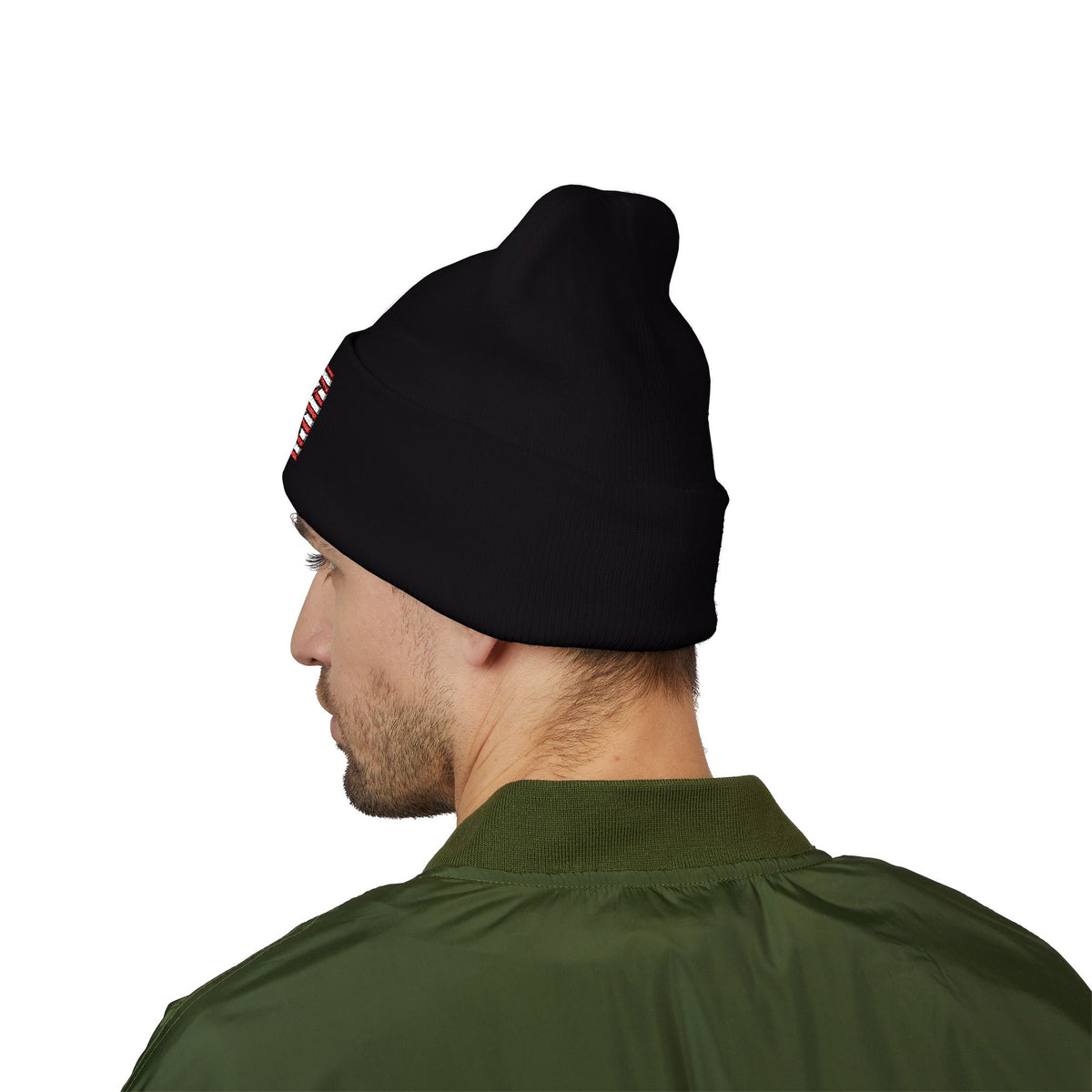 Embroidered American Flag Cuffed Beanie  with Crusader Swords Crossed — USA Patriotic Knit Hat