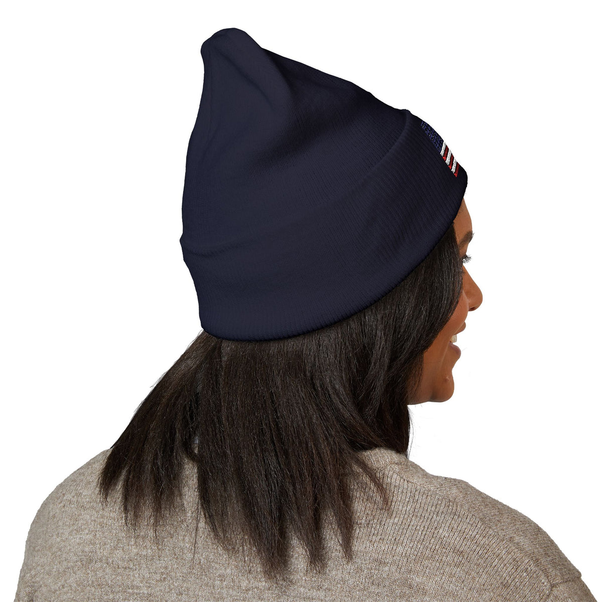 Embroidered American Flag Cuffed Beanie  with Crusader Swords Crossed — USA Patriotic Knit Hat