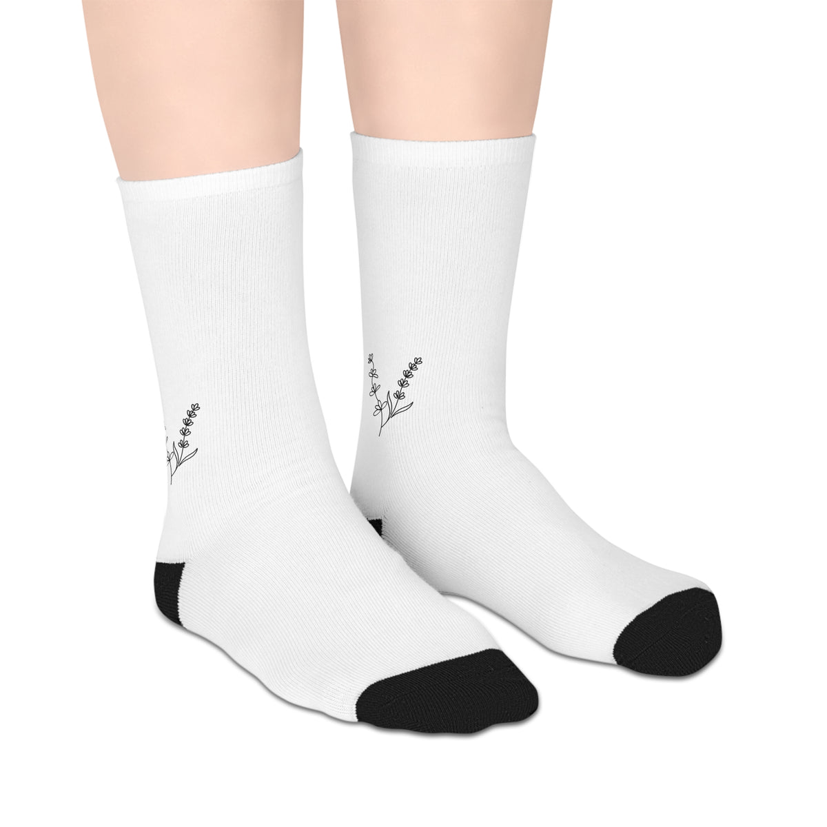 White Mid-Length Socks with Lilacs and Lavender Design