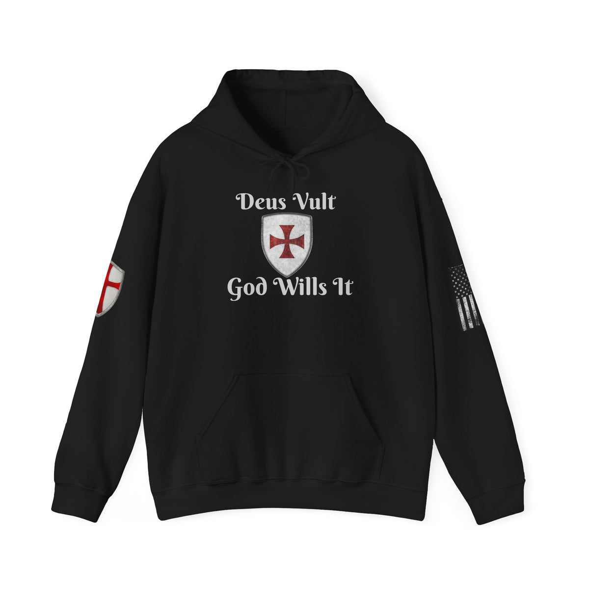 Crusader Cross Hoodie — "Deus Vult / God Wills It" Patriotic Flag Graphic