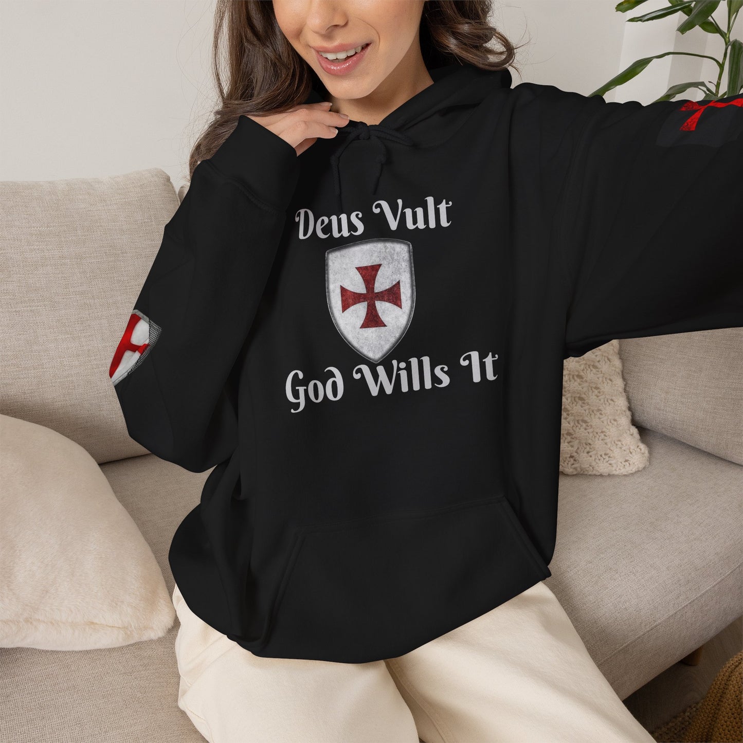 Crusader Cross Hoodie-"Deus Vult/God Wills It" Patriot Flags Graphic