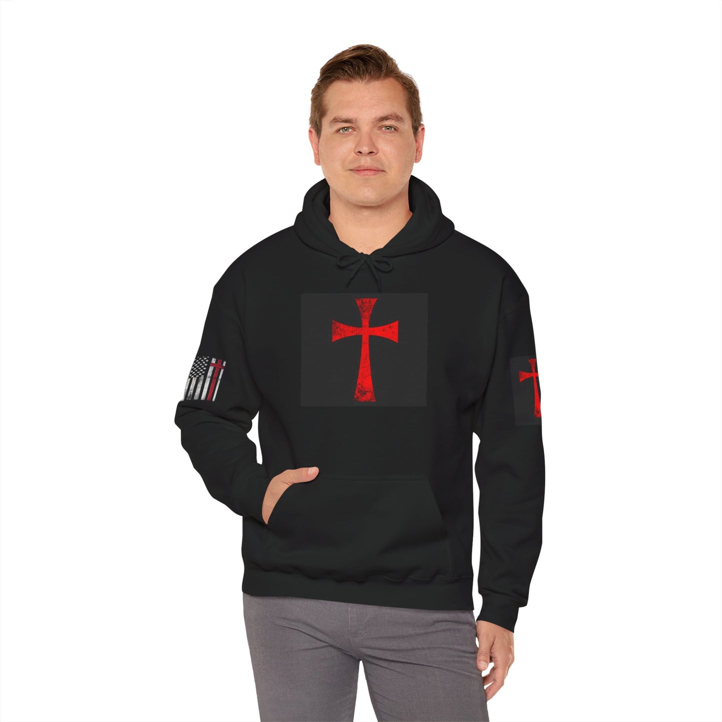 Christian Flag Cross Hoodie-Red Cross American Flag Christian Hoodie