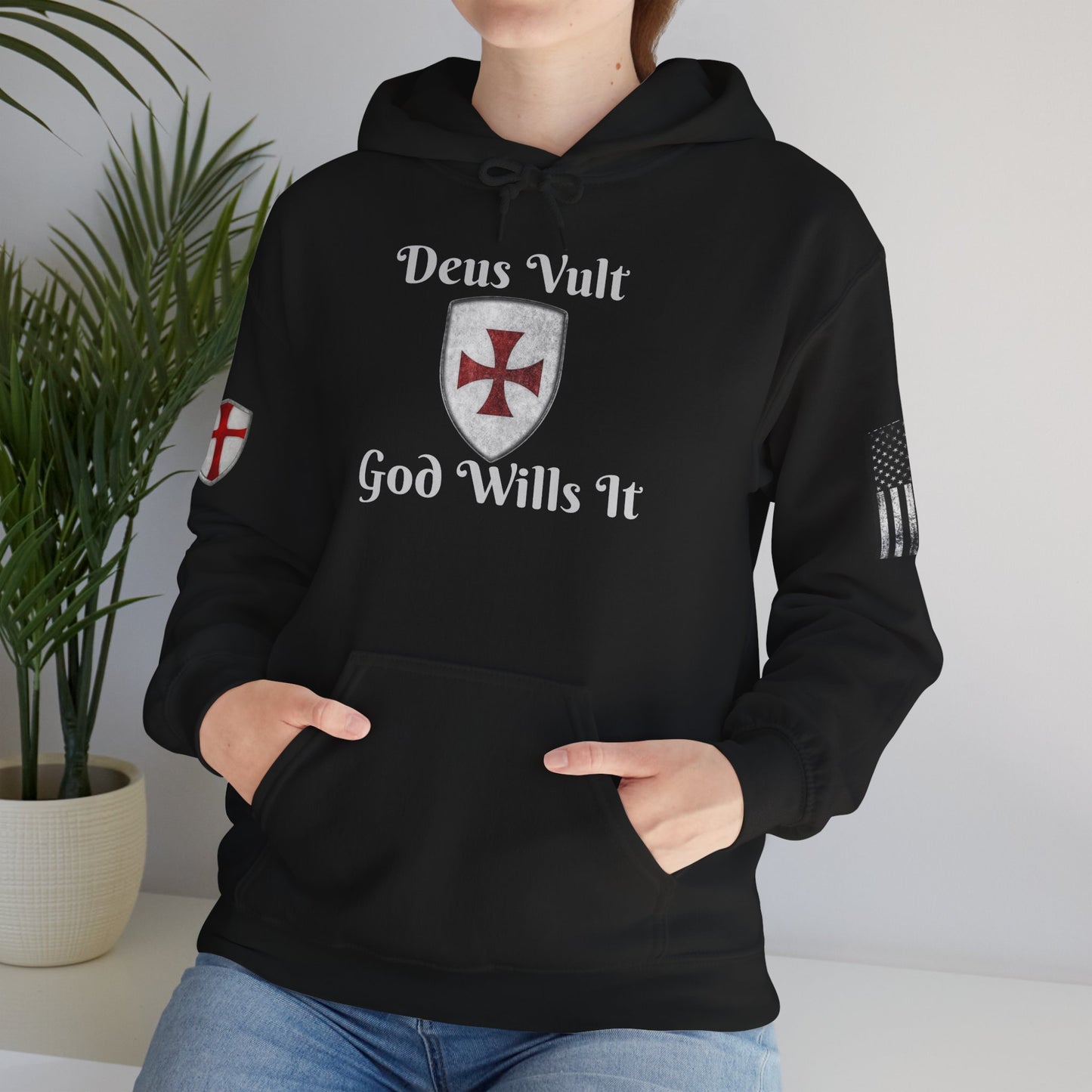 Crusader Cross Hoodie-"Deus Vult/God Wills It" Patriot Flags Graphic