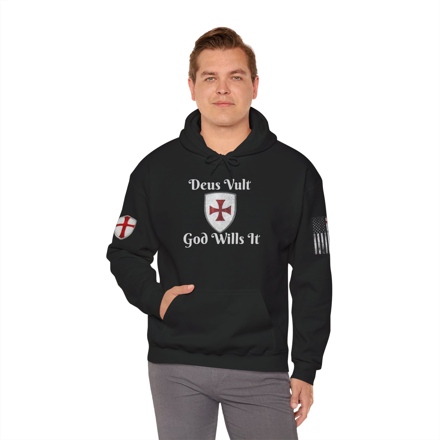 Crusader Cross Hoodie-"Deus Vult/God Wills It" Patriot Flags Graphic